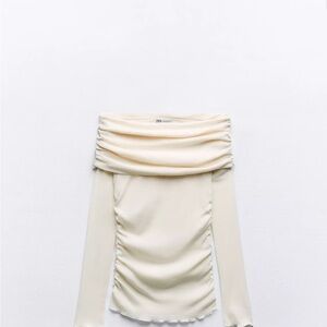 Zara Cream Ruched Off-Shoulder Blouse